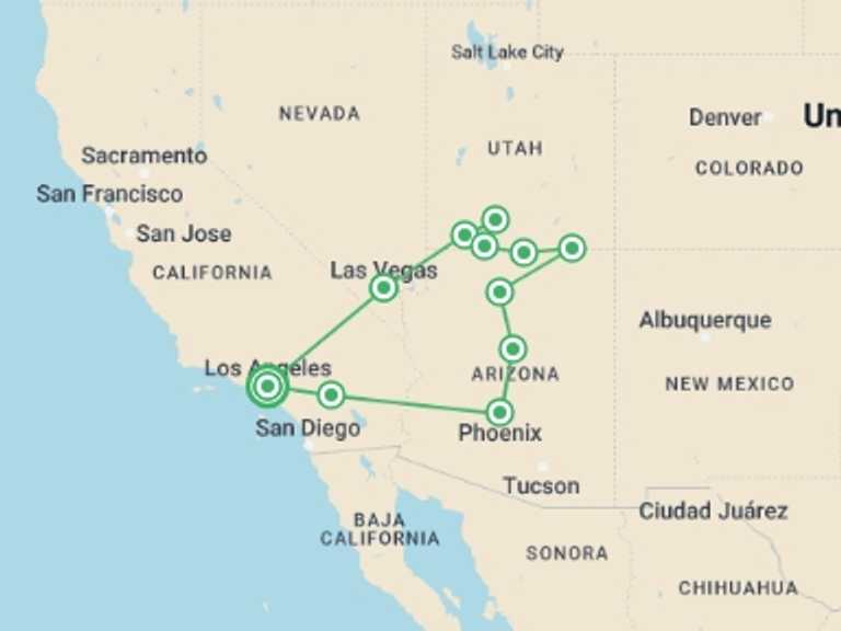 Map itinerary of Los Angeles Tour in November 2026 with 7 destination visits for the trip: Western Trails