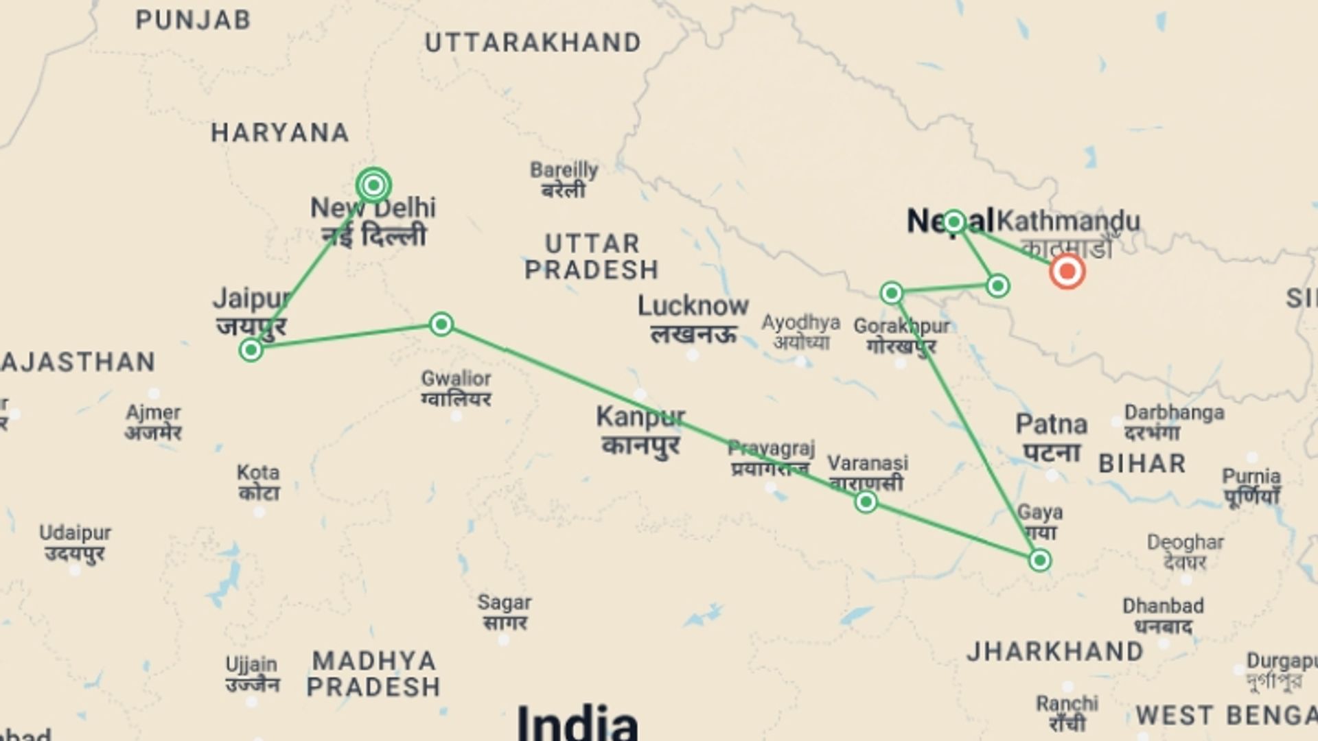 A map showing the tour itinerary for the trip: Highlights of Northern India & Nepal, starting in New Delhi, India and ending in Kathmandu, Nepal going through 7 other destinations.