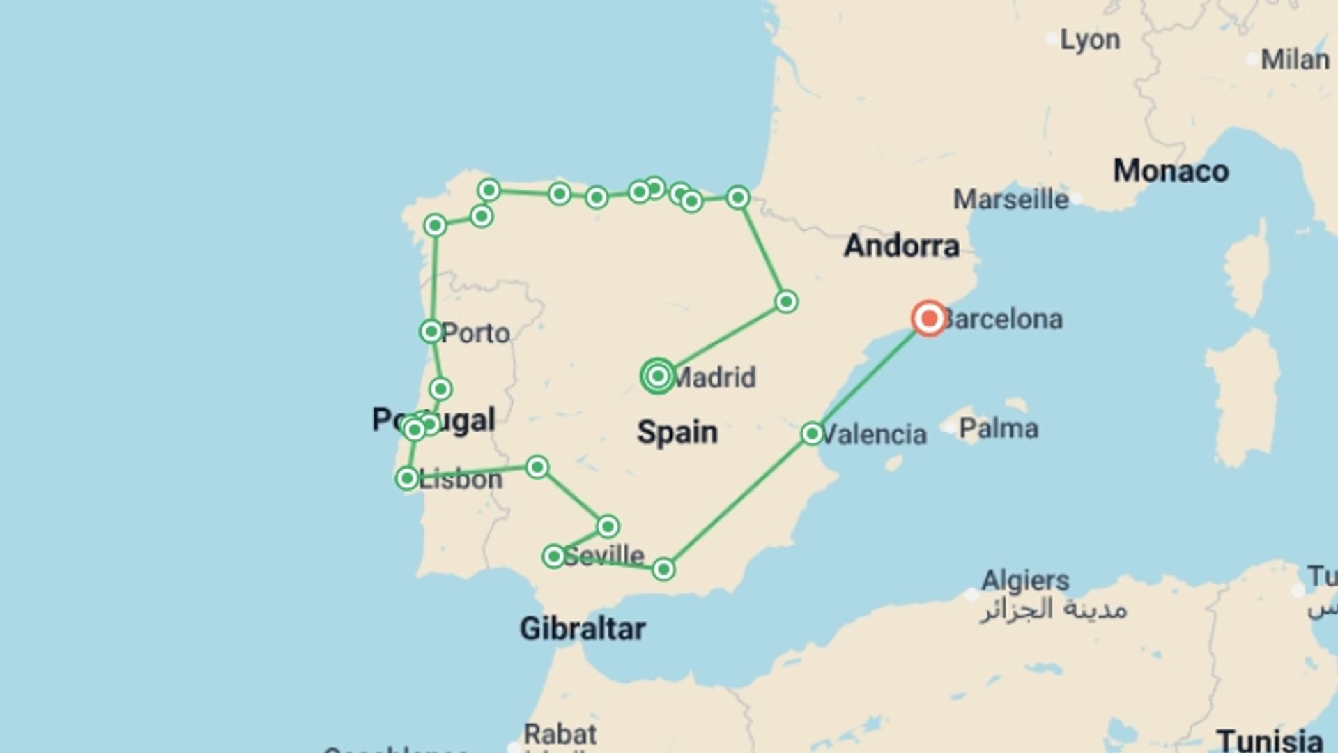 A map showing the tour itinerary for the trip: Iberia Encompassed - 22 days, starting in Madrid, Spain and ending in Barcelona, Spain going through 12 other destinations.