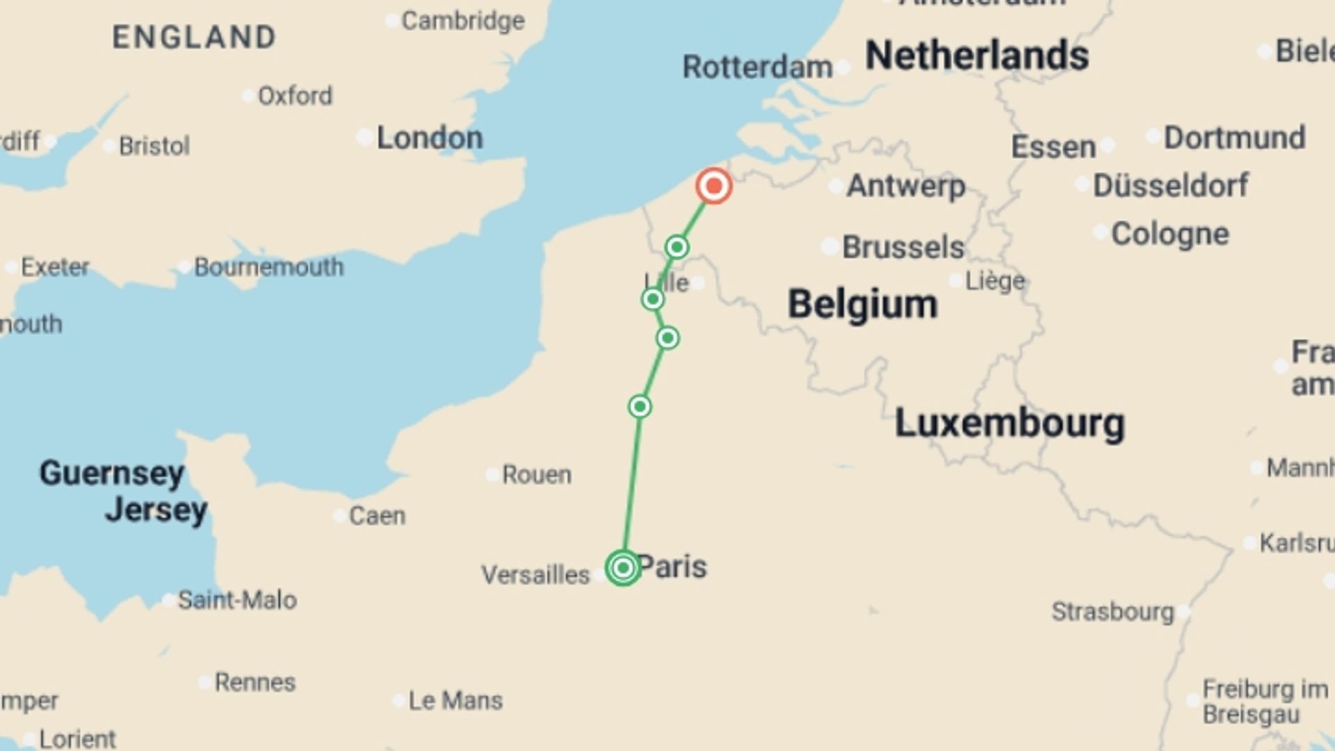 A map showing the tour itinerary for the trip: Cycle the Western Front, starting in Paris, France and ending in Bruges, Belgium going through 4 other destinations.