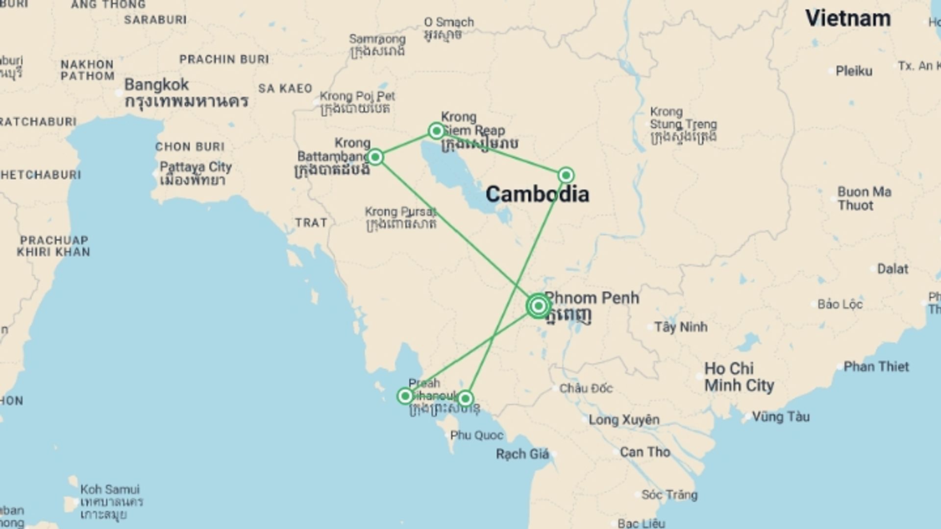 A map showing the tour itinerary for the trip: Best of Cambodia, starting in Phnom Penh, Cambodia and ending in Phnom Penh, Cambodia going through 5 other destinations.