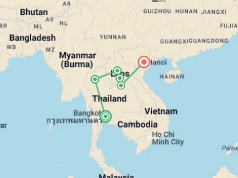 Map of South East Asia Tour with 5 destination visits for the trip: Essential Bangkok to Hanoi - 14 days