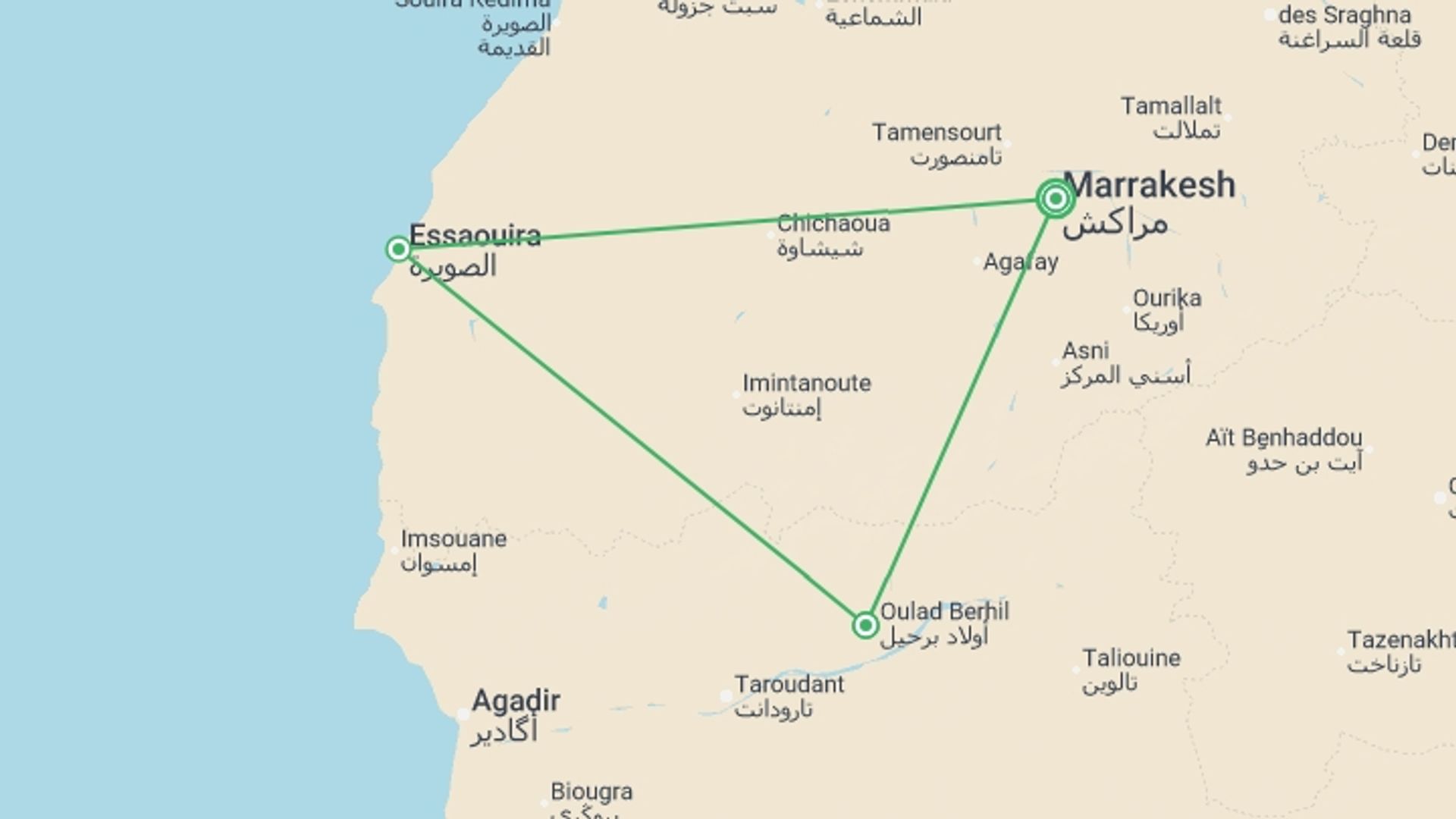 A map showing the tour itinerary for the trip: Walking in Morocco - Atlas to Atlantic, starting in Marrakech, Morocco and ending in Marrakech, Morocco going through 2 other destinations.