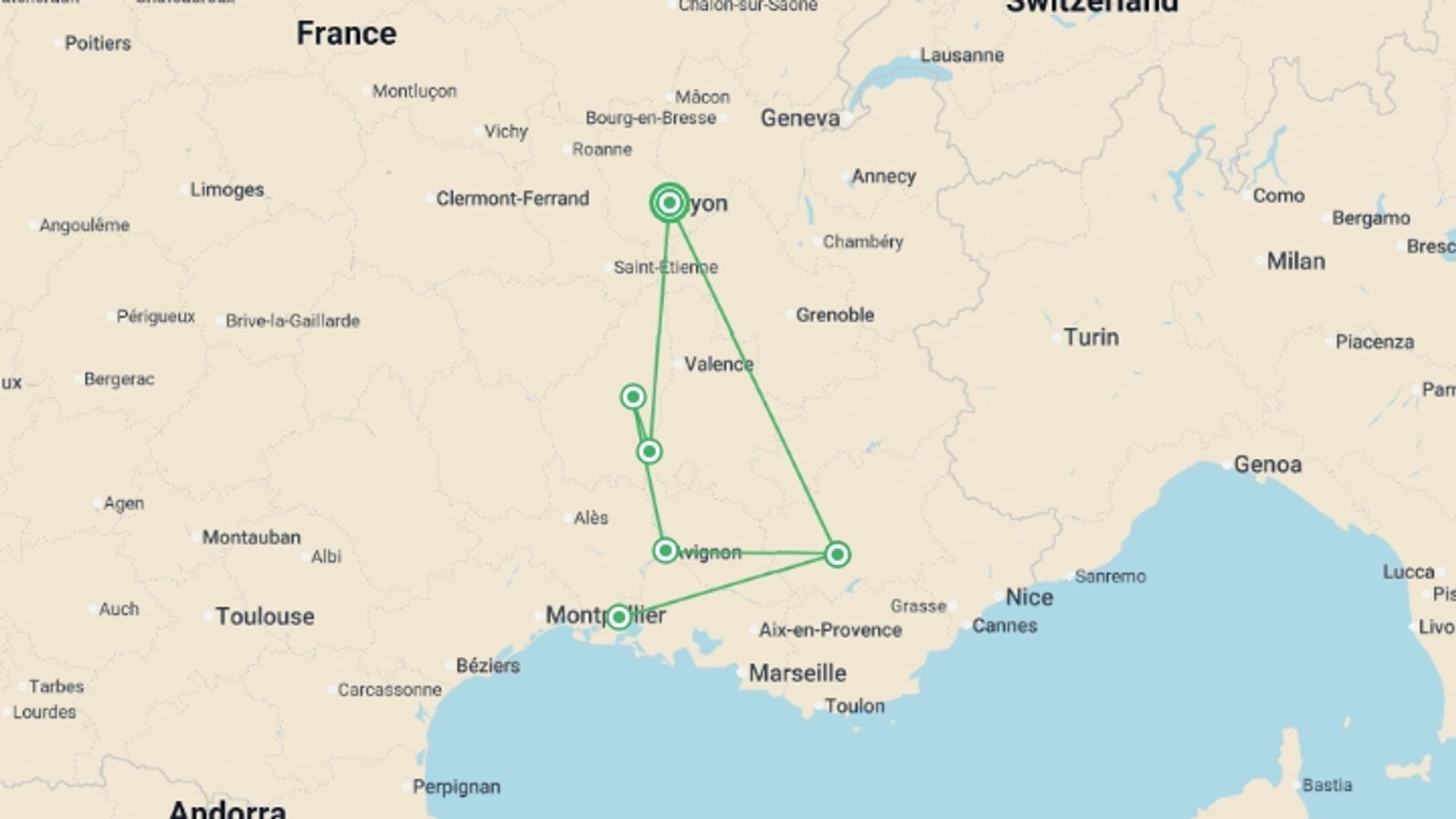 A map showing the tour itinerary for the trip: A trip to admire the beautiful scenery of the Rhône valley (port-to-port cruise), starting in Lyon, France and ending in Lyon, France going through 2 other destinations.