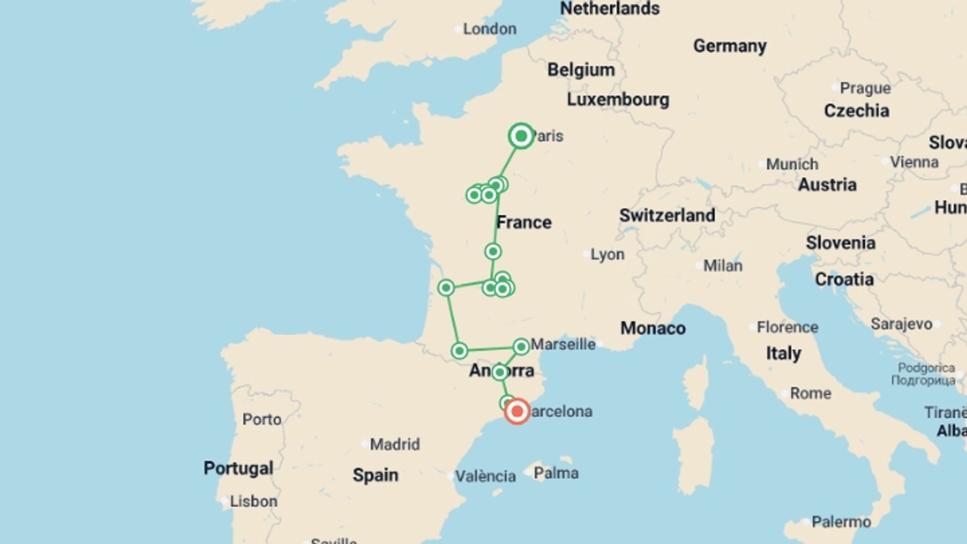 A map showing the tour itinerary for the trip: France and Barcelona, starting in Paris, France and ending in Barcelona, Spain going through 6 other destinations.