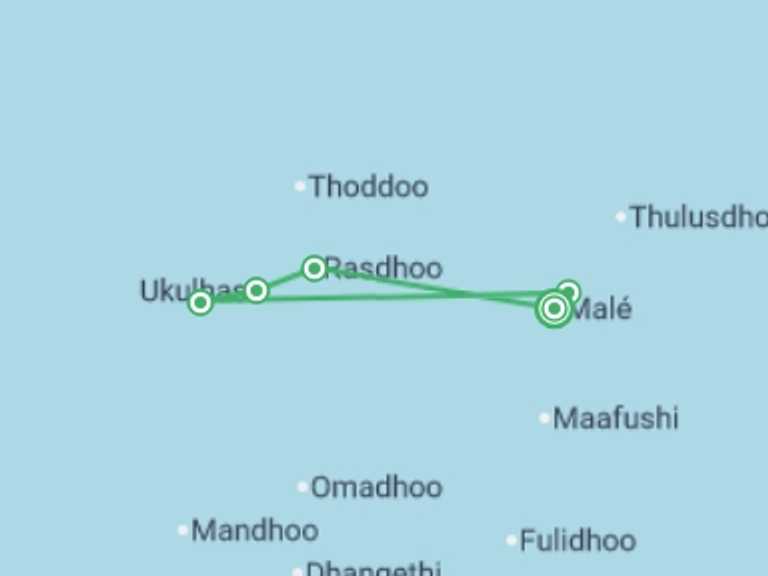 Map itinerary of Asia Tour in October 2026 with 5 destination visits for the trip: Private North Maldives Island Hopping - 8 days