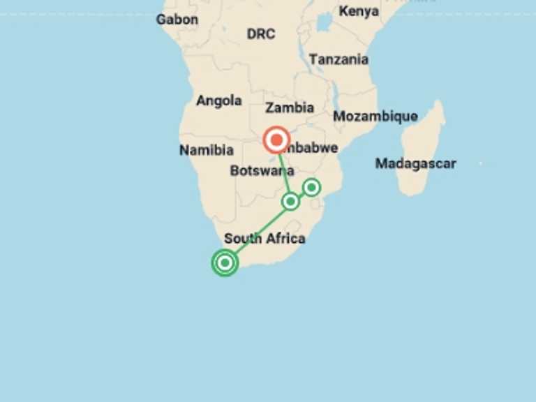 Map of Africa Wildlife safaris and game drives Tour with 4 destination visits for the trip: Essence of South Africa