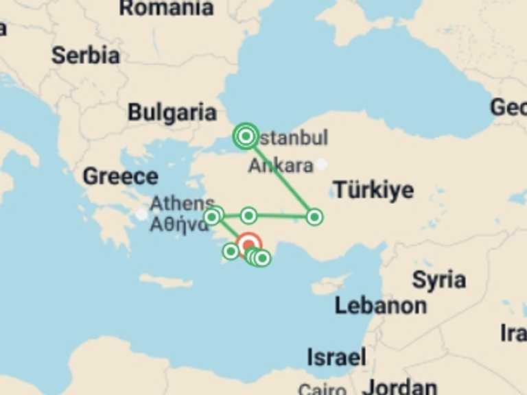 Map itinerary of Turkey Tour in September 2025 with 11 destination visits for the trip: Ancient Turkey and Gulet