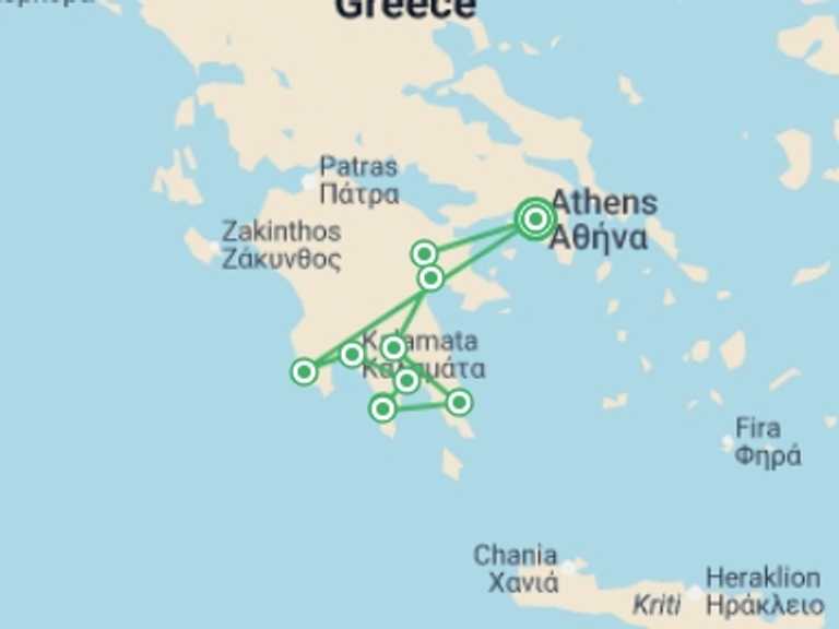 Map itinerary of Europe Tour in June 2026 with 6 destination visits for the trip: Grand Peloponnese, Self-drive