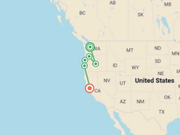 Map of 8-Day San Francisco Tour with 2 destination visits for the trip: Pacific Northwest & California featuring Washington, Oregon and California