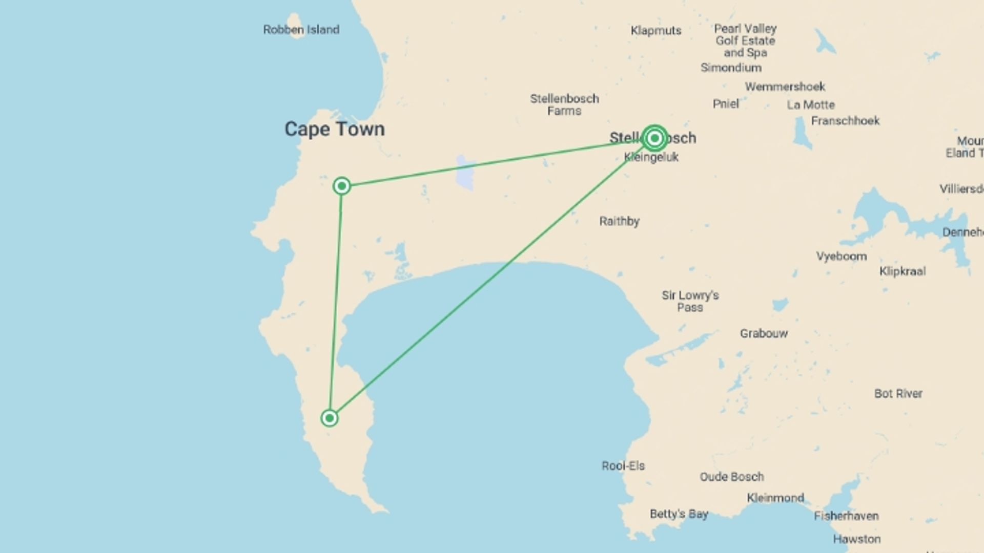A map showing the tour itinerary for the trip: Highlights of South Africa's Winelands, starting in Stellenbosch, South Africa and ending in Stellenbosch, South Africa going through 2 other destinations.