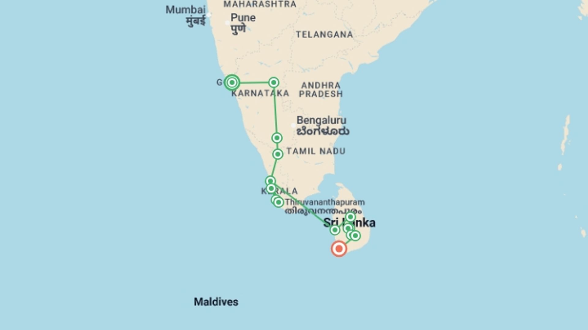 A map showing the tour itinerary for the trip: India to Sri Lanka: Spice Gardens & Goa's Beaches, starting in Goa, India and ending in Hikkaduwa, Sri Lanka going through 13 other destinations.