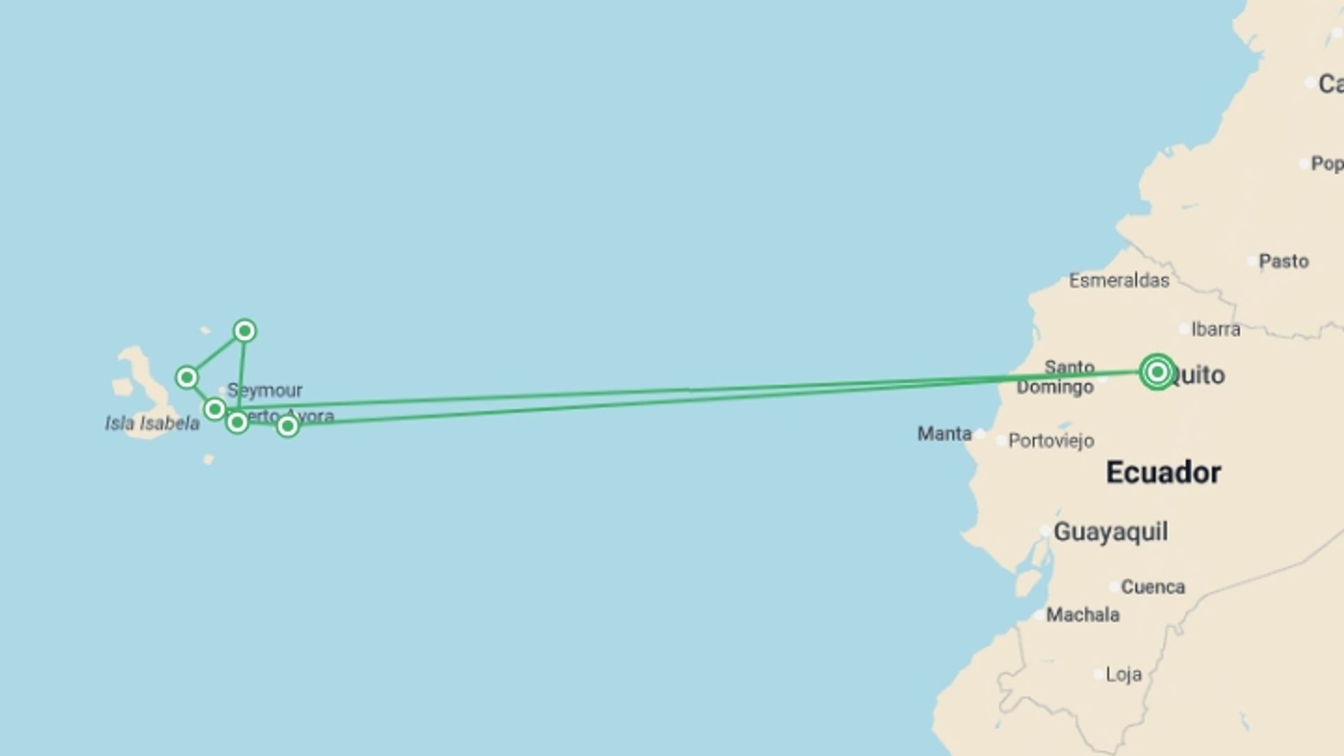 A map showing the tour itinerary for the trip: Galapagos Adventure: Northern Islands (Grand Daphne), starting in Quito, Ecuador and ending in Quito, Ecuador going through 5 other destinations.