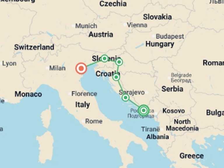 Map of Europe Tour with 6 destination visits for the trip: Dubrovnik to Venice