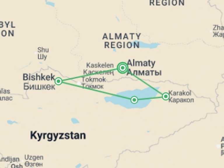 Map itinerary of Bishkek Tour in October 2026 with 4 destination visits for the trip: Premium Kazakhstan and Kyrgyzstan