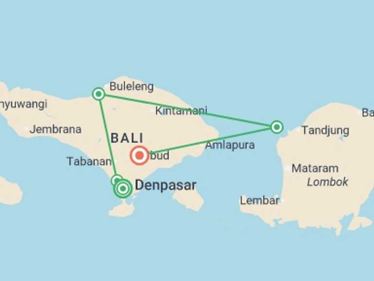 Map of 12-Day Indonesia Tour with 5 destination visits for the trip: Bali & the Gili Islands  - 12 days