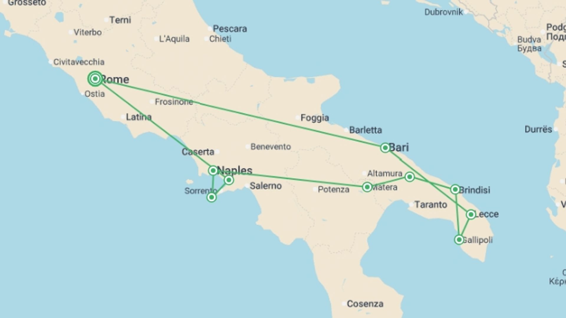 A map showing the tour itinerary for the trip: Beautiful Puglia, starting in Rome, Italy and ending in Rome, Italy going through 3 other destinations.