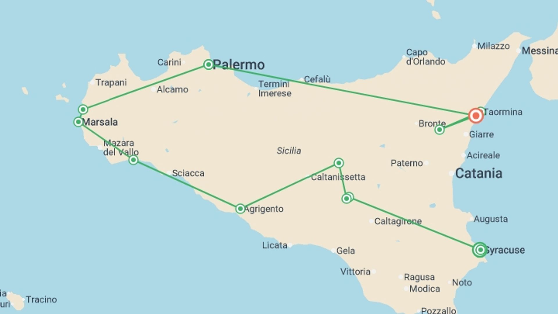 A map showing the tour itinerary for the trip: Ancient Sicily, starting in Syracuse, Italy and ending in Giardini Naxos, Italy going through 10 other destinations.