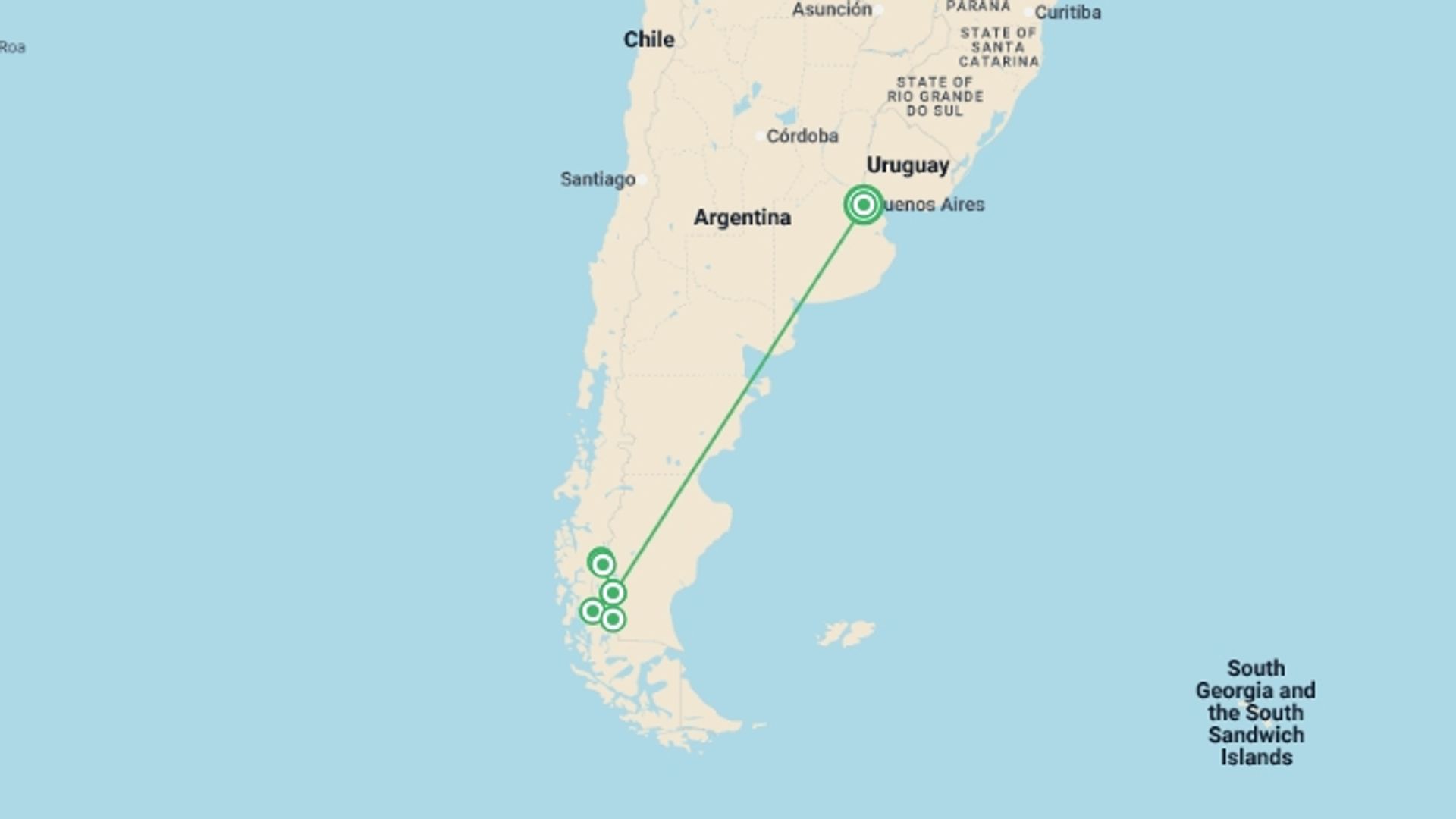 A map showing the tour itinerary for the trip: Hiking in Patagonia - Glaciers & Torres del Paine, starting in Buenos Aires, Argentina and ending in Buenos Aires, Argentina going through 6 other destinations.