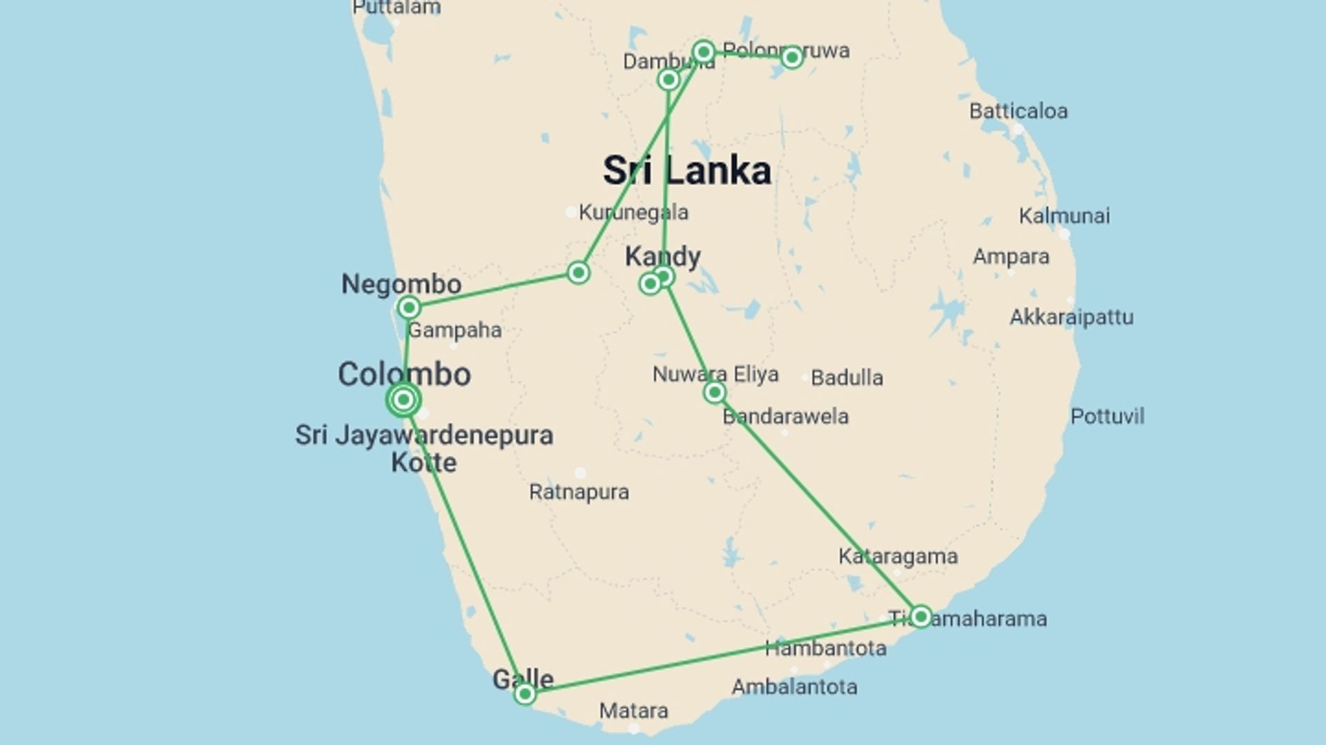 A map showing the tour itinerary for the trip: Sri Lanka Roundtrip, Private Tour, starting in Colombo, Sri Lanka and ending in Colombo, Sri Lanka going through 5 other destinations.