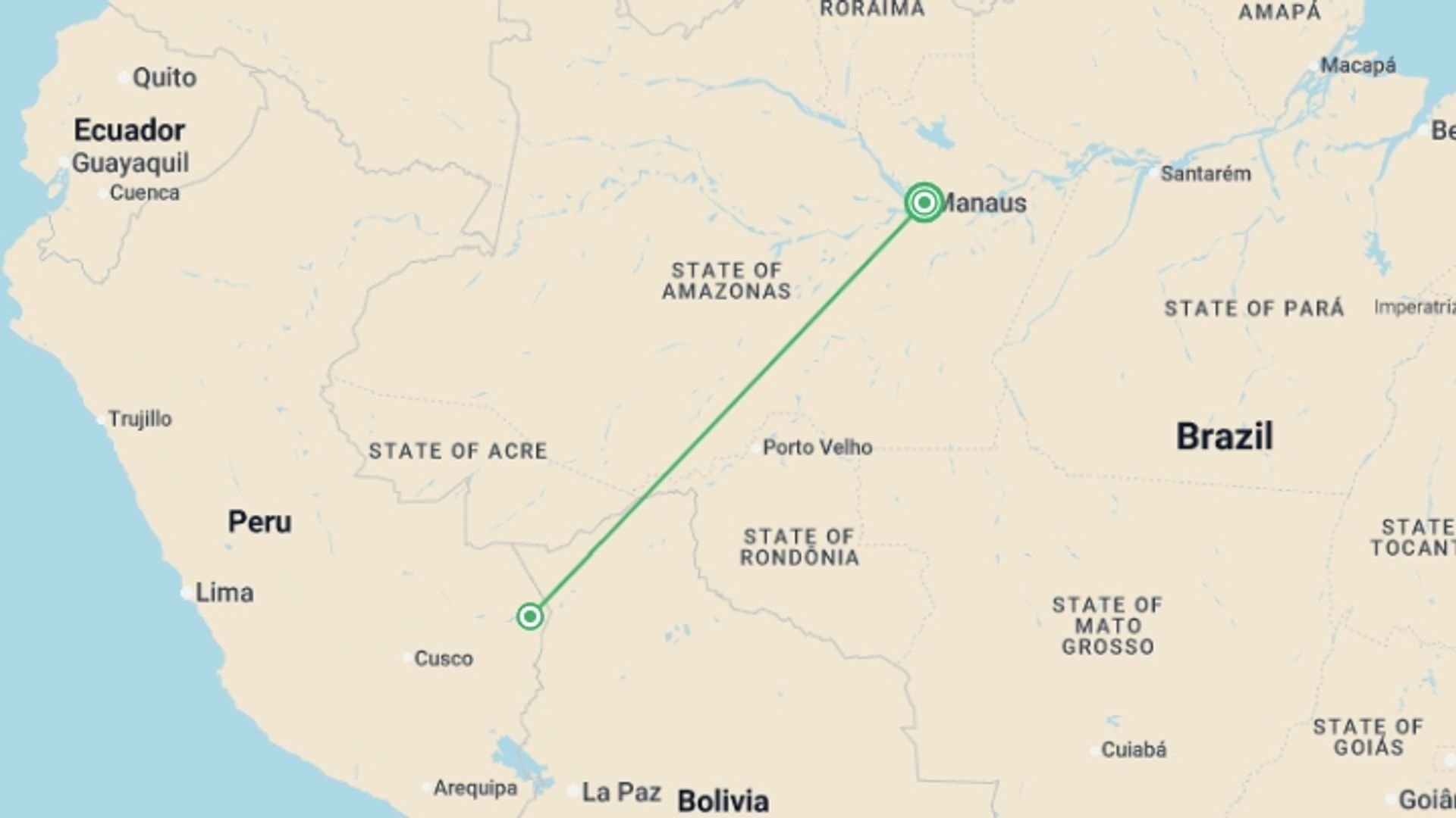 A map showing the tour itinerary for the trip: Manaus Amazon Jungle Adventure 3D/2N, starting in Manaus, Brazil and ending in Amazon Rainforest, Brazil going through 1 other destinations.