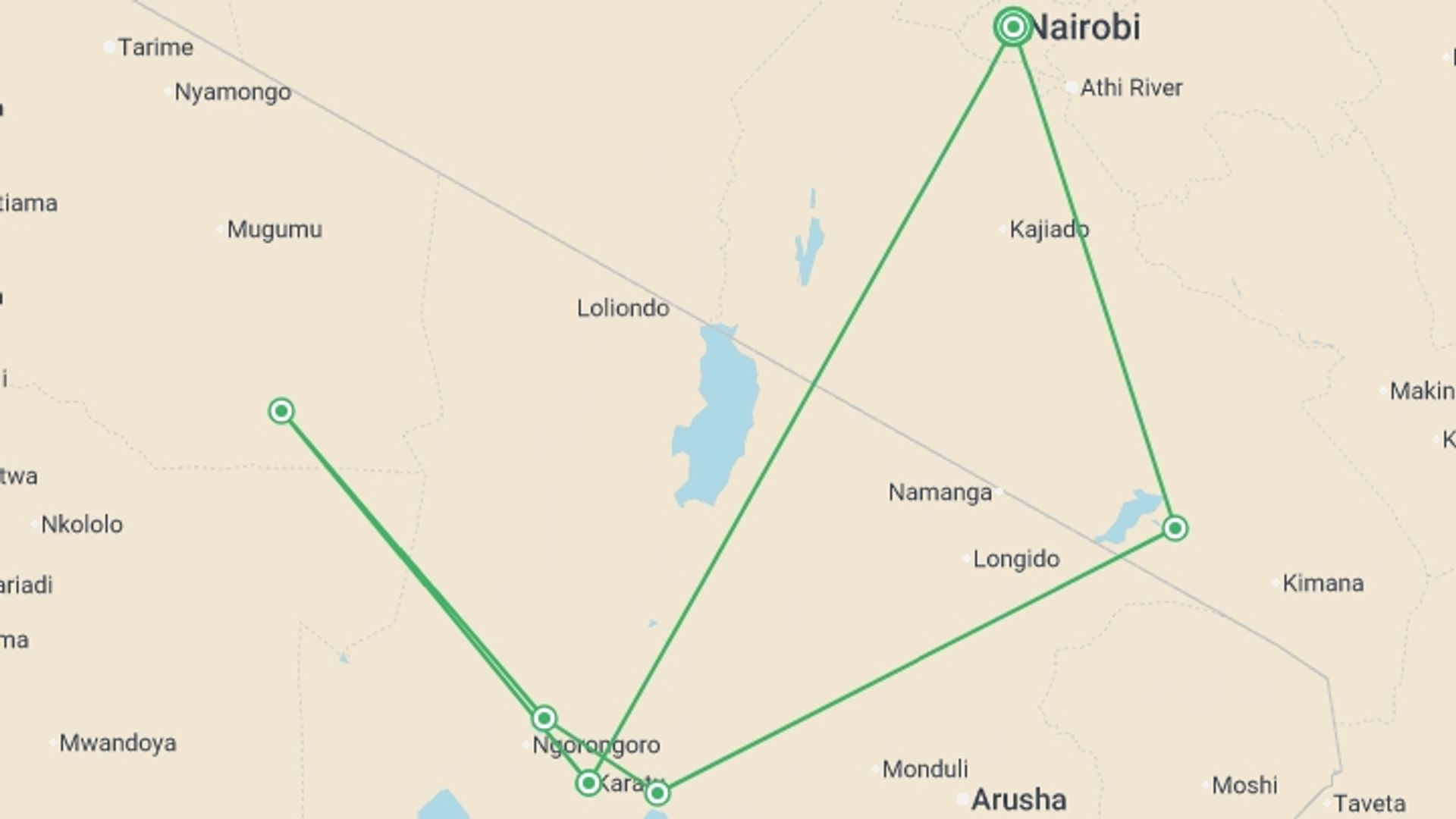 A map showing the tour itinerary for the trip: Serengeti Trail, starting in Nairobi, Kenya and ending in Nairobi, Kenya going through 6 other destinations.