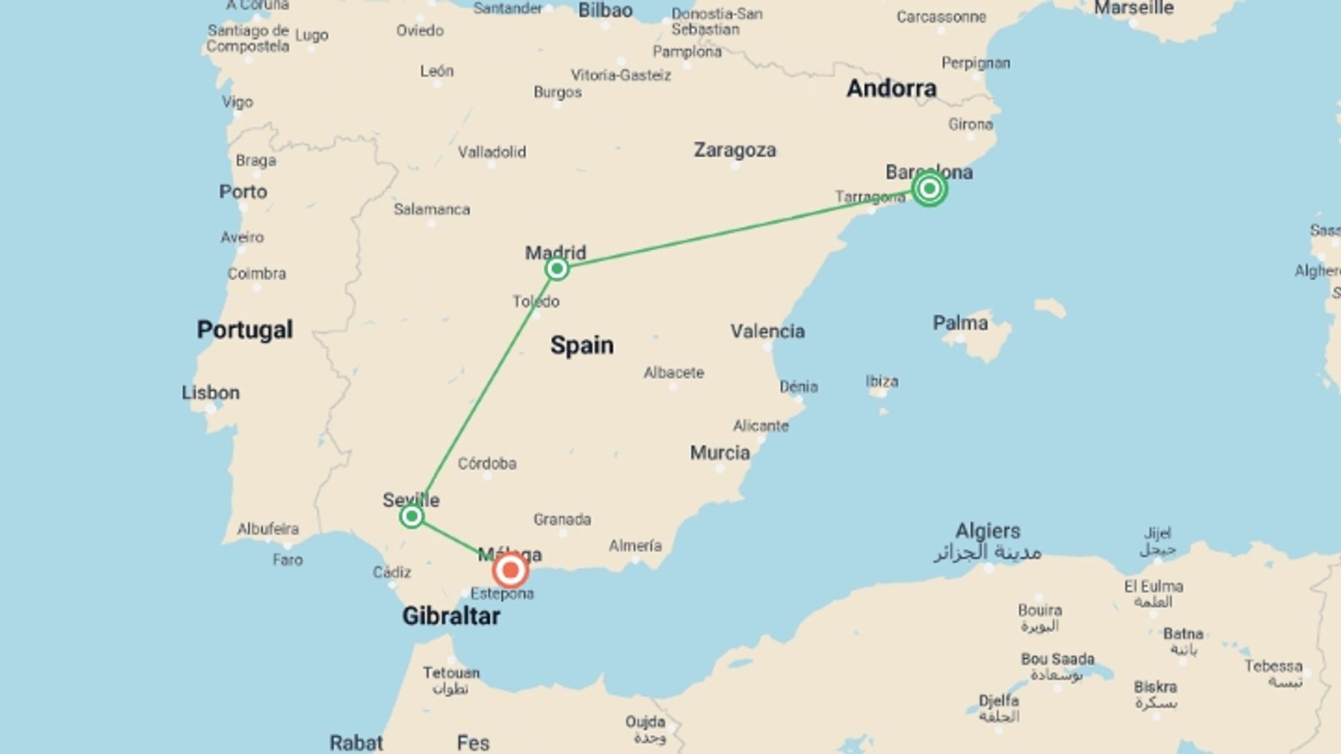A map showing the tour itinerary for the trip: Highlights of Spain by Rail, starting in Barcelona, Spain and ending in Malaga, Spain going through 2 other destinations.