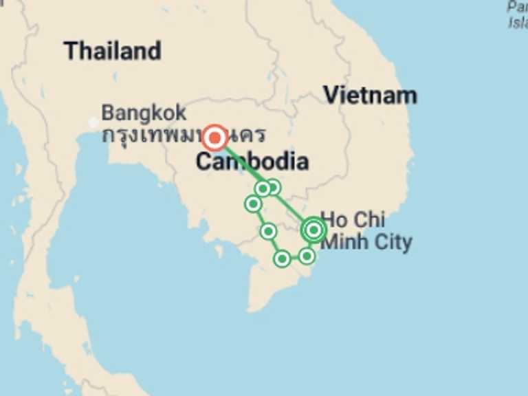 Map itinerary of Asia Tour in Fall with 7 destination visits for the trip: Treasures of the Mekong