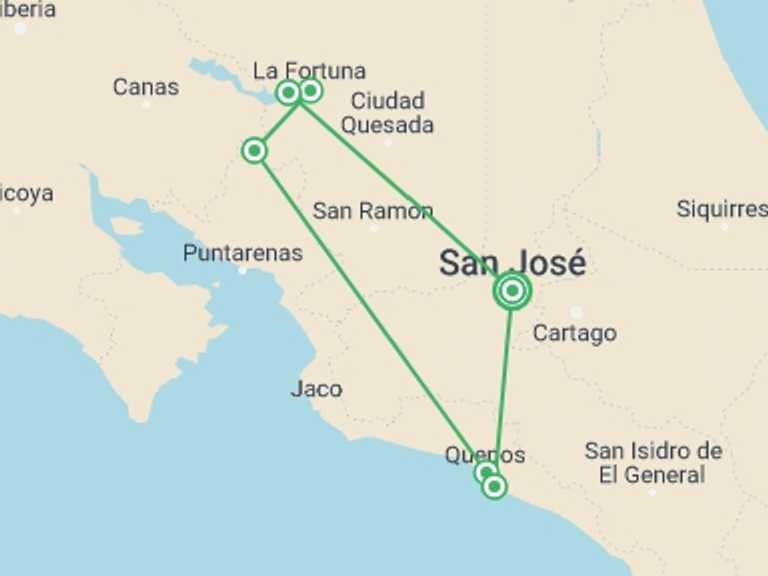 Map of San Jose Rainforest and jungle visits Tour with 4 destination visits for the trip: Costa Rica Eco Adventure