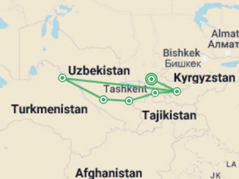Map itinerary of Uzbekistan Tour in September 2026 with 6 destination visits for the trip: Tamerlane's Empire