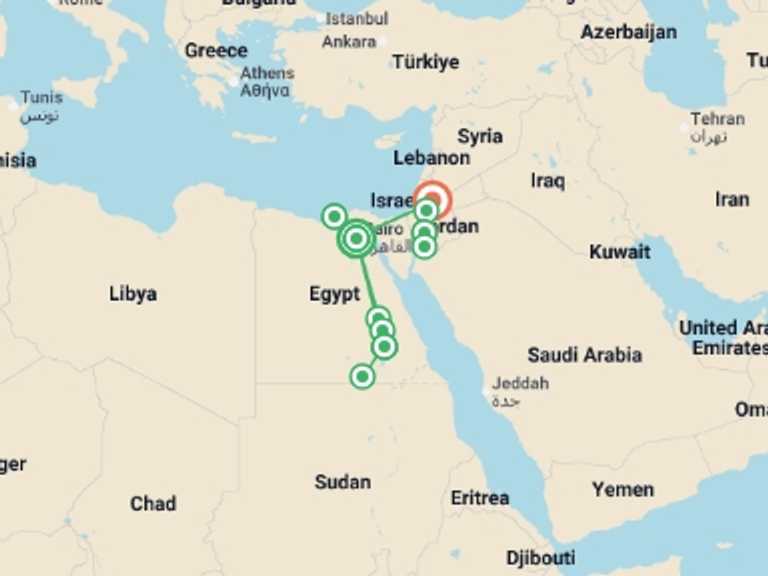 Map itinerary of Mediterranean Tour in October 2026 with 10 destination visits for the trip: Premium Egypt & Jordan in Depth