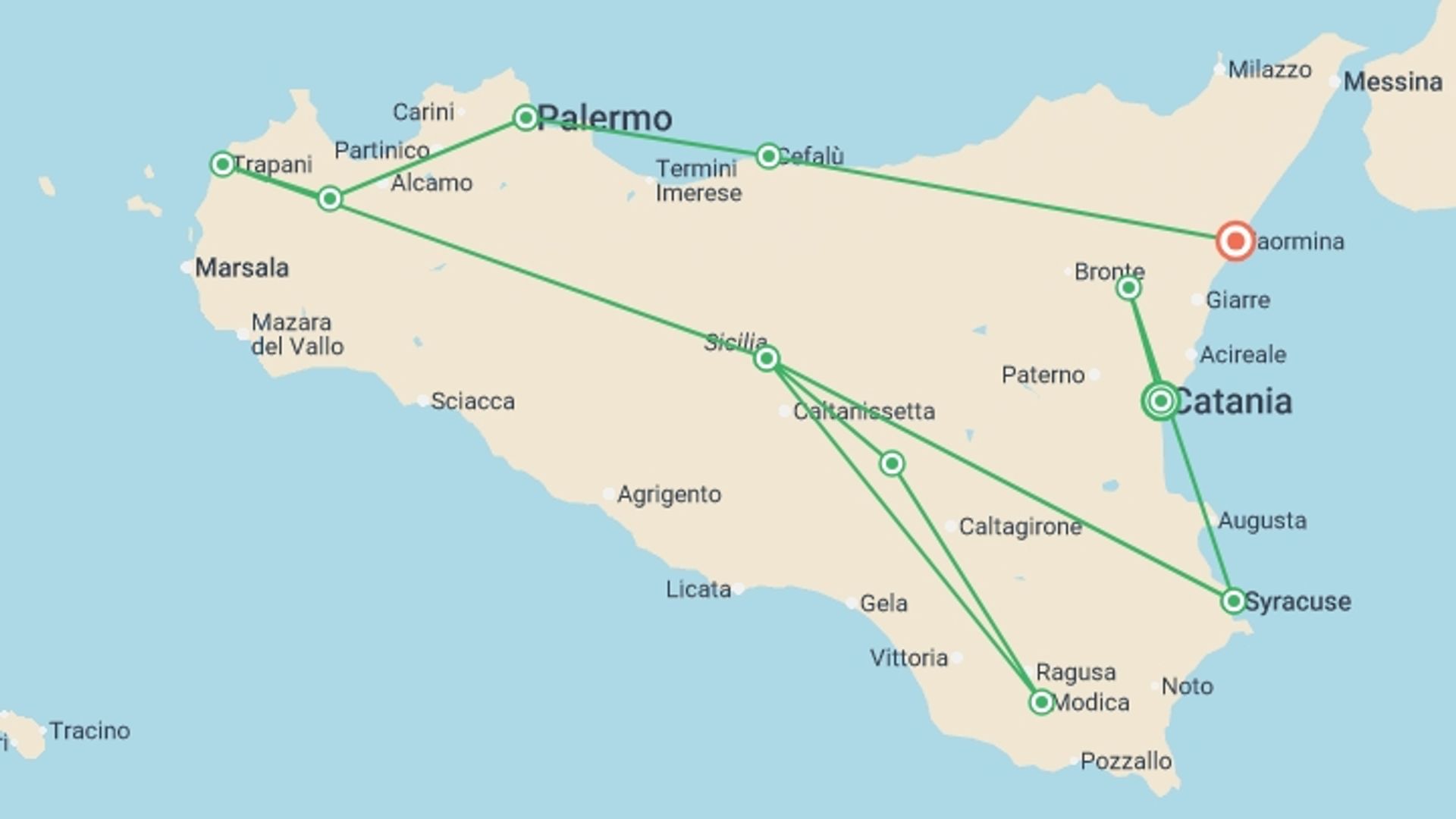 A map showing the tour itinerary for the trip: Sicily Grand Tour, starting in Catania, Italy and ending in Taormina, Italy going through 8 other destinations.