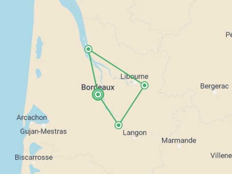 Map itinerary of Bordeaux Tour in Summer with 4 destination visits for the trip: Cycling The Grand Crus of Bordeaux