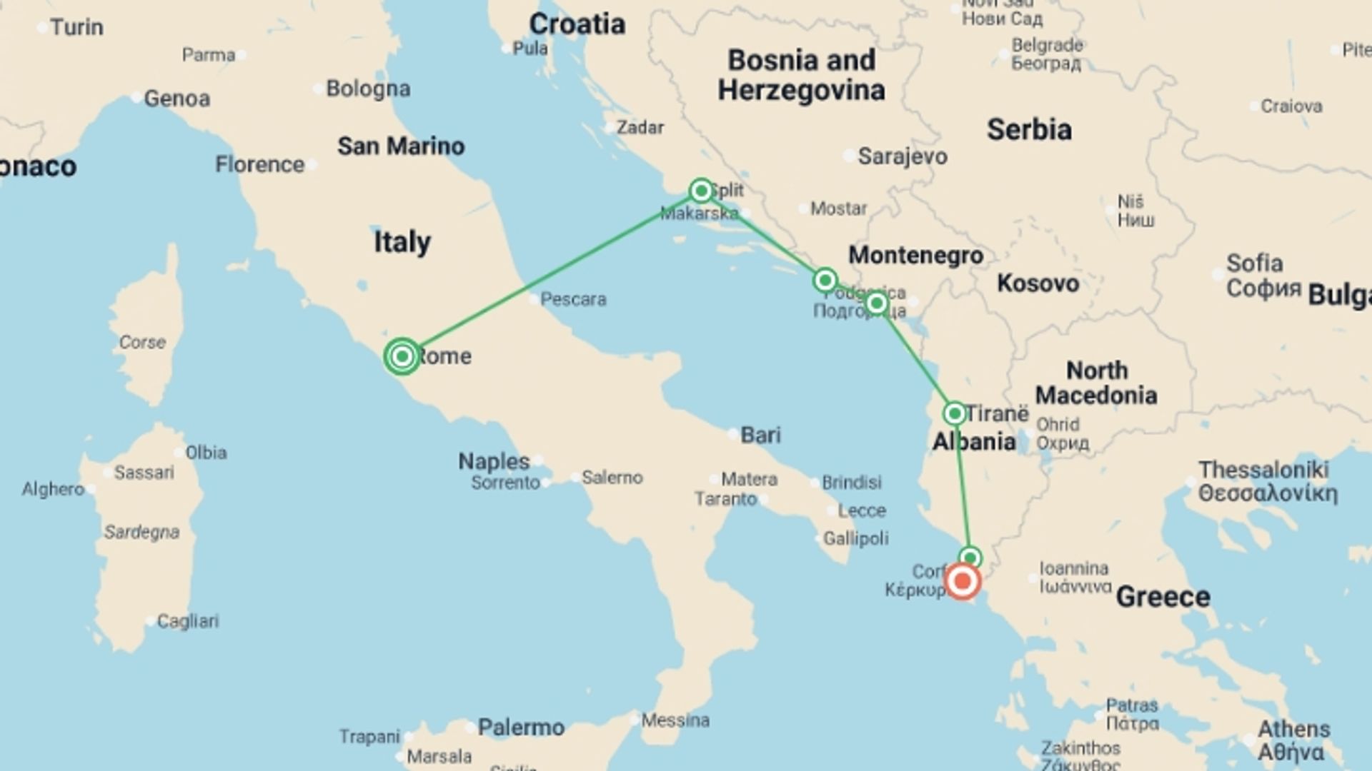 A map showing the tour itinerary for the trip: The Dalmatian Coast: Croatia, Corfu & Medieval Cities, starting in Rome, Italy and ending in Corfu, Greece going through 5 other destinations.