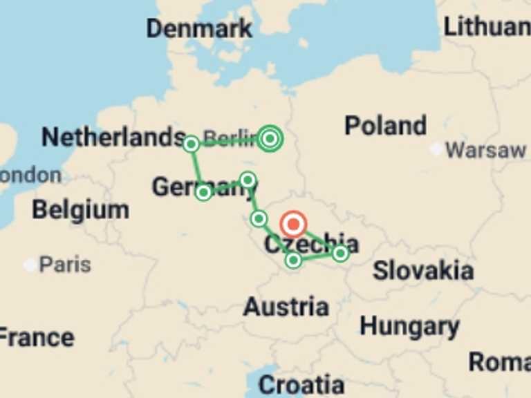 Map itinerary of Europe Tour in June 2026 with 8 destination visits for the trip: Heart of Germany and Full Czechia