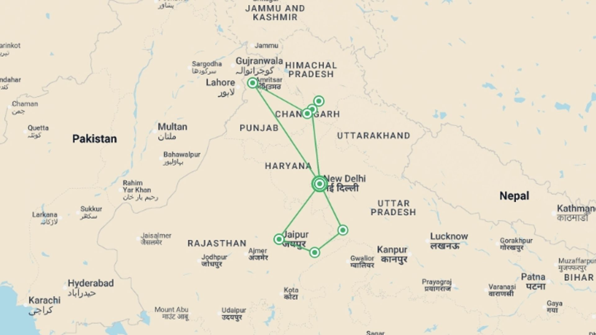 A map showing the tour itinerary for the trip: Golden Triangle & Amritsar - 13 days, starting in New Delhi, India and ending in New Delhi, India going through 5 other destinations.