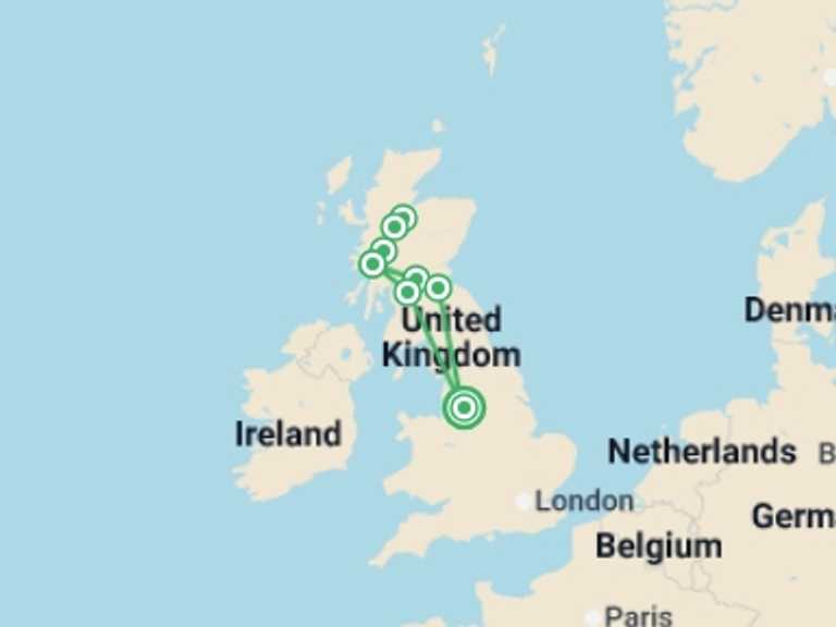Map of Scotland Tour with 3 destination visits for the trip: Manchester to the Scottish Highlands (Hotel) - 4 days