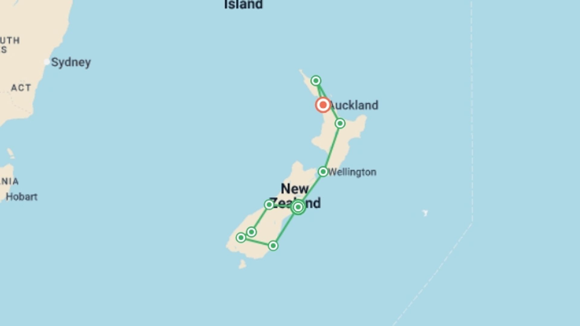 A map showing the tour itinerary for the trip: New Zealand Grand Discovery (Superior) - 16 days, starting in Christchurch, New Zealand and ending in Auckland, New Zealand going through 7 other destinations.
