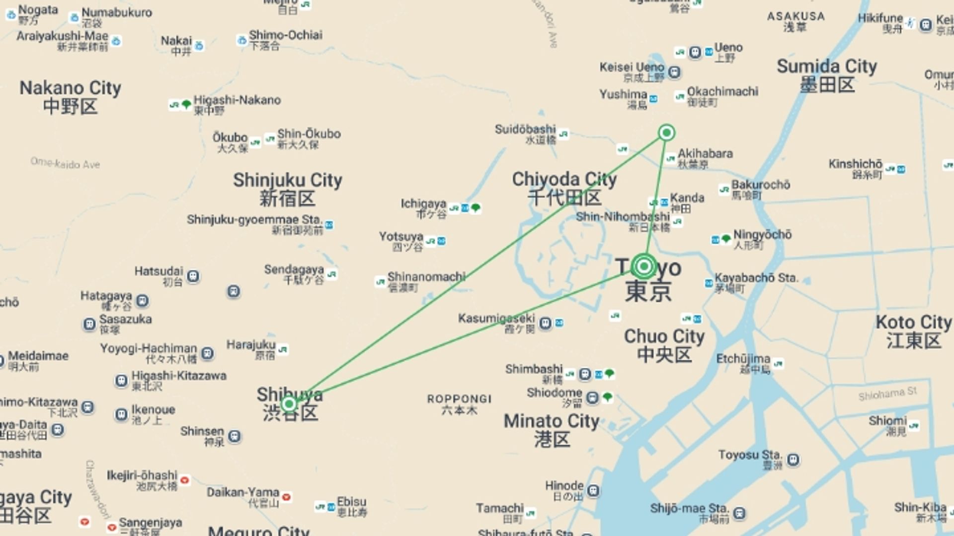 A map showing the tour itinerary for the trip: Essential Tokyo & Mount Fuji - 5 days, starting in Tokyo, Japan and ending in Tokyo, Japan going through 2 other destinations.