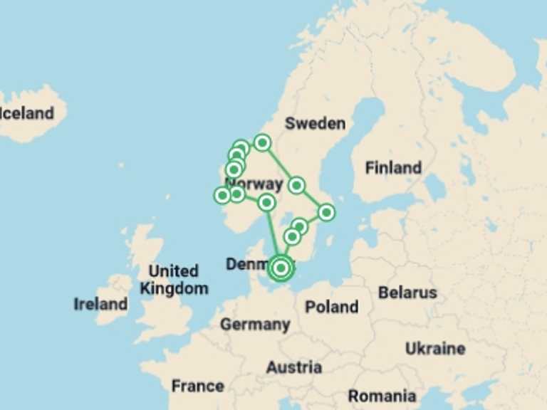 Map itinerary of Sweden Tour in August 2026 with 8 destination visits for the trip: Nordic Tour Start Copenhagen