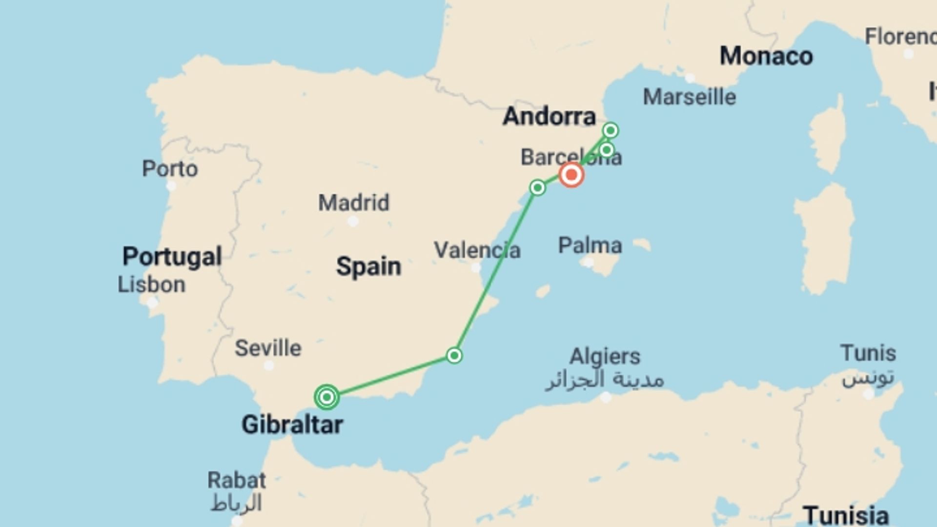 A map showing the tour itinerary for the trip: Malaga to Barcelona - Following the footsteps of three wondrous Spanish artists : Gaudi, Dali, and Picasso (port-to-port package), starting in Malaga, Spain and ending in Barcelona, Spain going through 3 other destinations.
