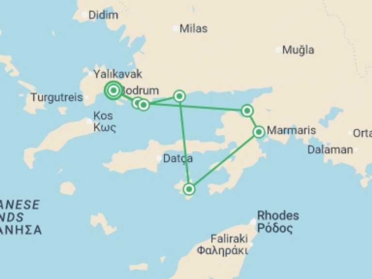 Map itinerary of Europe Tour in July 2026 with 5 destination visits for the trip: Gulet Cruise, Bodrum – Gulf Of Gokova – Bodrum