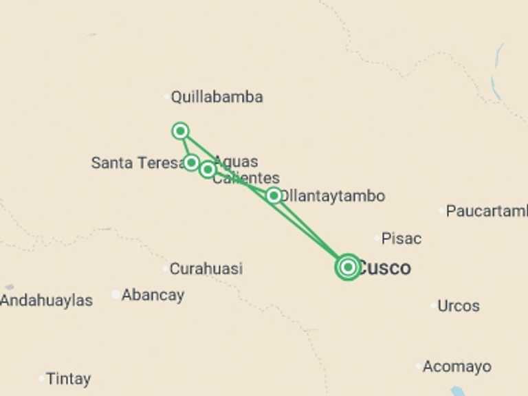 Map of a Rainforest and jungle visits Tour with 5 destination visits for the trip: Machu Picchu Jungle Trek 4D/3N (Biking Only)