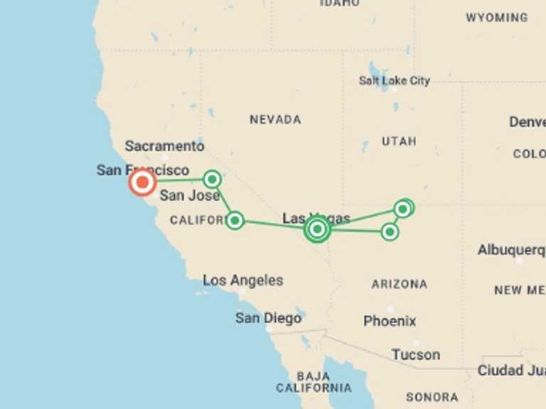 Map of North America Tour with 7 destination visits for the trip: Best of Western USA