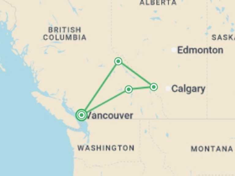 Map itinerary of Canada Tour in Spring with 4 destination visits for the trip: Canadian Rockies Express - 4 days