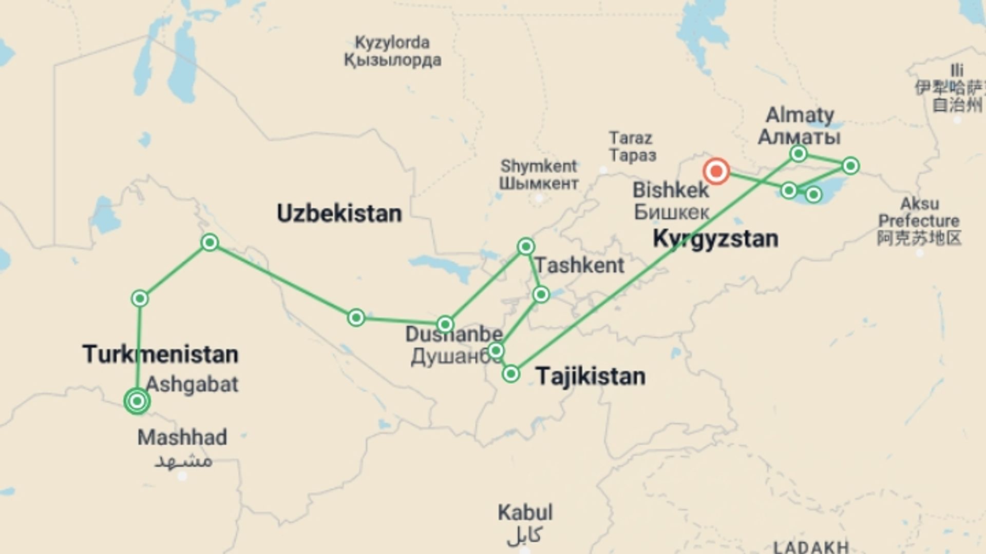 A map showing the tour itinerary for the trip: Central Asia: Five Stans Express, starting in Ashgabat, Turkmenistan and ending in Bishkek, Kyrgyzstan going through 12 other destinations.