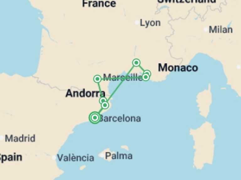 Map itinerary of Europe Tour in June 2026 with 3 destination visits for the trip: Catalonia, south of France and Provence