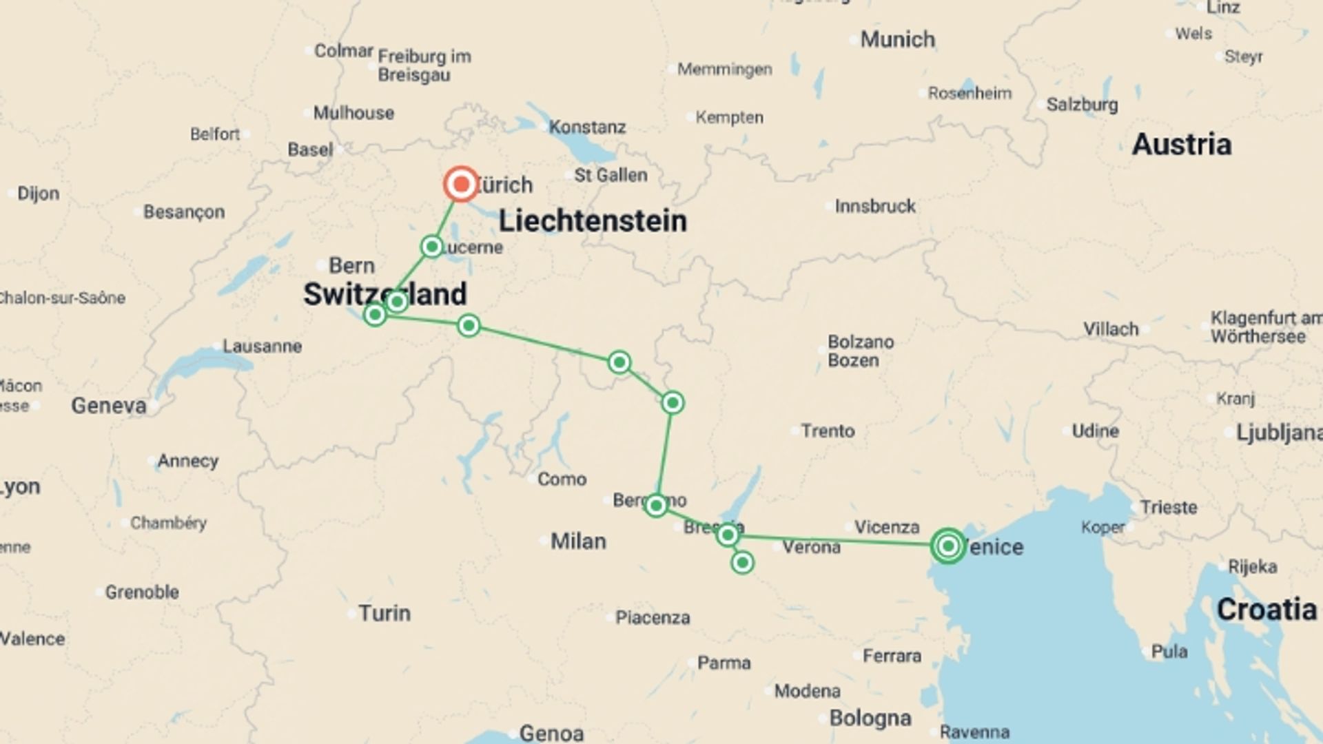 A map showing the tour itinerary for the trip: Vistas of Italy and Switzerland, starting in Venice, Italy and ending in Zurich, Switzerland going through 4 other destinations.
