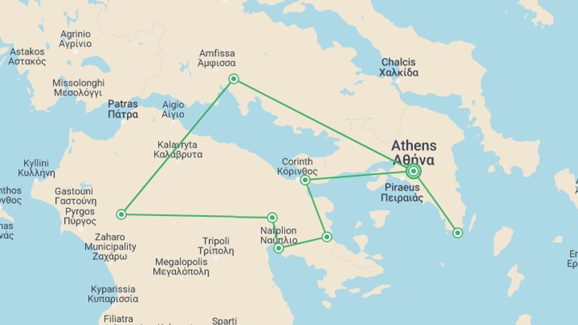 A map showing the tour itinerary for the trip: 5 Days Classical Tour Greece Nafplion, Olympia, Delphi, starting in Athens, Greece and ending in Athens, Greece going through 2 other destinations.