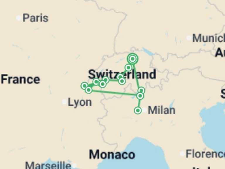 Map itinerary of Europe Tour in June 2026 with 8 destination visits for the trip: Best of Switzerland Small Group Adventure